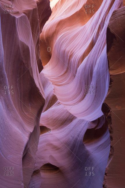 The colorful Navajo sandstone walls of Lower Antelope Canyon, sculpted by water into abstract patterns, Page, Arizona, United States of America, North America