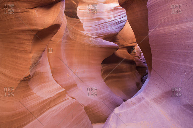 The colorful Navajo sandstone walls of Lower Antelope Canyon, sculpted by water into abstract patterns, Page, Arizona, United States of America, North America