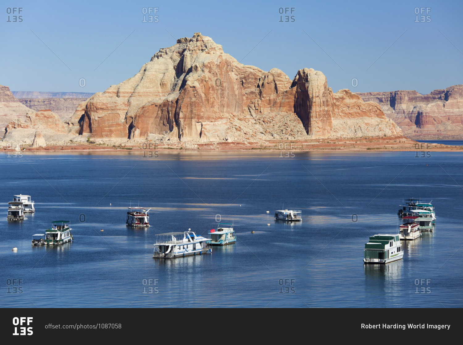 October 26, 2017 Houseboats moored in Wahweap Bay, Castle Rock beyond