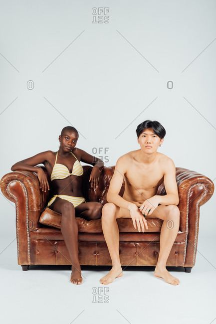 Four young men and women wearing underwear stock photo