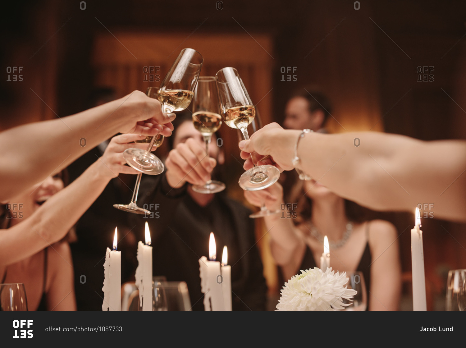 Group of men and women toasting champagne at a dinner party. Group of friends celebrating with drinks at gala night.