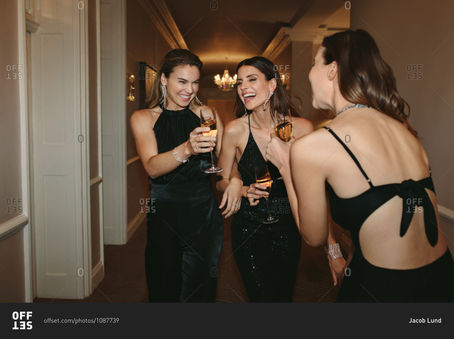 Group of women having a great time gala night. Female socialites enjoying with drinks at a gala night party.
