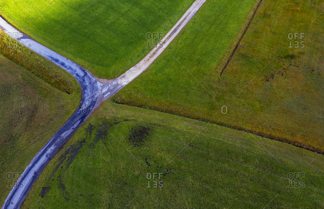 Drone view of countryside crossroad in autumn