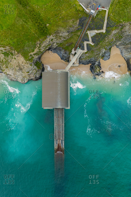 Aerial view of Padstow RNLI, Life boat station, top down, Mother Ivey Bay, Trevose, Cornwall, United Kingdom