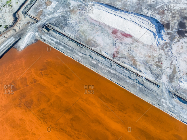 Aerial view of Velddrift salt pan orange abstract, Western Cape, South Africa