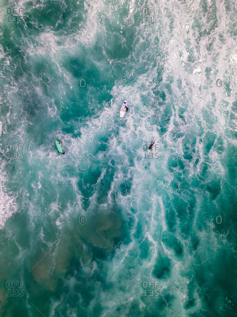 Aerial view of Hermanus surfers in the Atlantic Ocean, Western Cape, South Africa