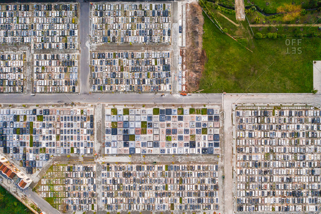 Aerial view of the patterns of the graves in a cemetery in Aveiro, Portugal