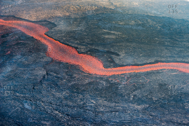 Aerial view of flow of lava between cooled down lava during the largest volcanic eruption in Iceland since 1784, Holuhraun, highlands of Iceland