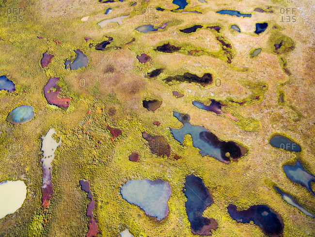 Abstract aerial view of colorful ponds in stony grassland, Modrudalsoraefi, highlands of Iceland