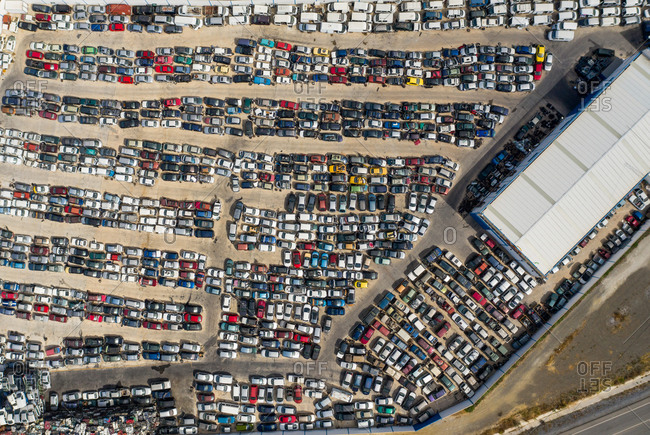 Aerial view of car graveyard, Coin, Malaga, Spain