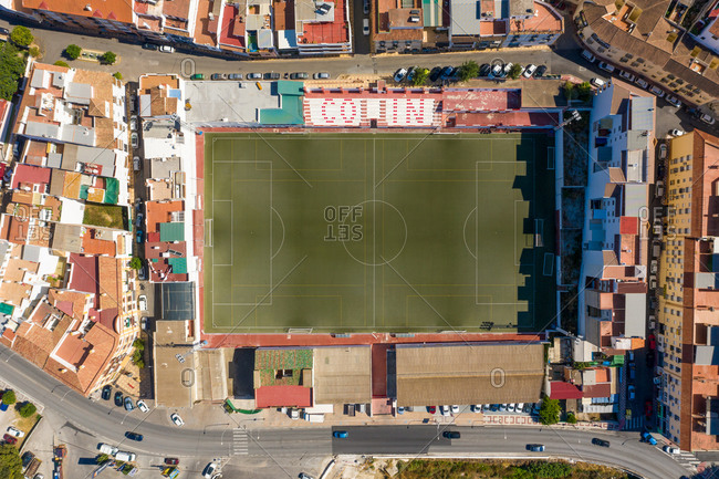 August 13, 2020: Aerial view of soccer field, Coin, Malaga, Spain