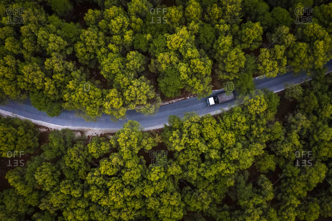 Aerial view of road trough woods with truck, Coin, Malaga, Spain