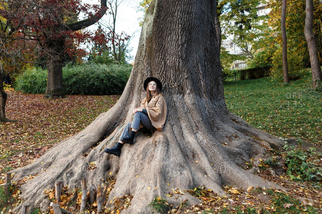 A young woman in a black hat and poncho is sitting on the roots of the huge old tree in the park in the autumn season