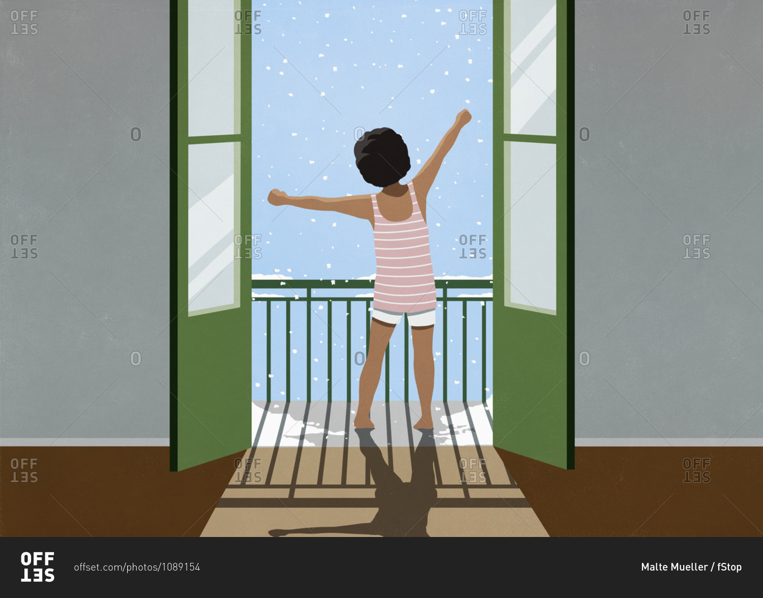 Excited girl waking and stretching on snowy winter balcony