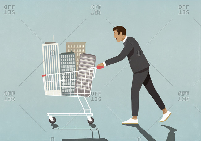 Businessman pushing skyscrapers in shopping cart