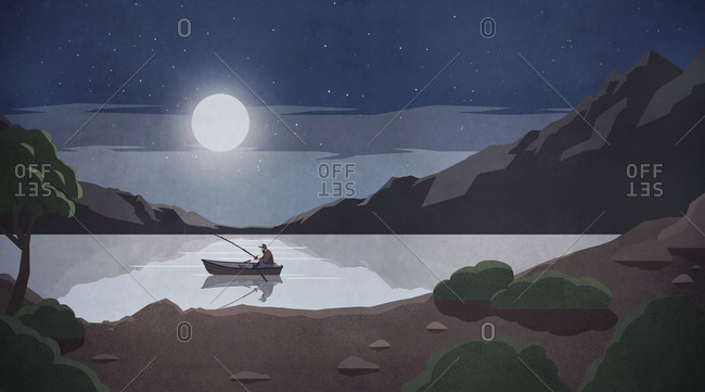 Man fishing in rowboat on tranquil lake under full moon