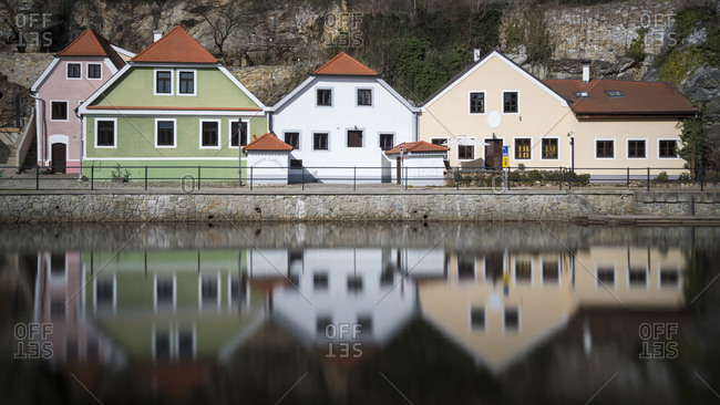 Exterior of houses in front of Vltava river at Cesky Krumlov, Czech Republic