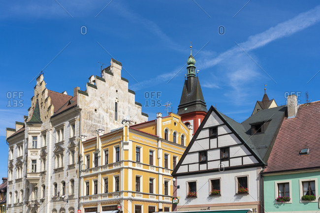 Low angle view of tops of houses at Marketplace square in Loket, Sokolov District, Karlovy Vary Region, Bohemia, Czech Republic