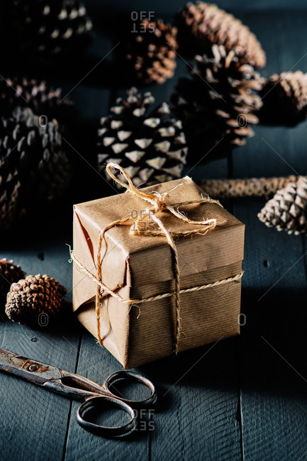 Package wrapped in kraft paper and tied with string