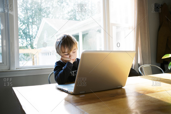 Little boy in morning light sitting at table doing remote school