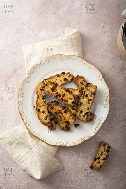 Overhead view of dried fruit biscotti on plate