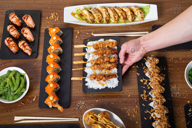 Assorted Japanese sushi roll set on white background. Sushi menu