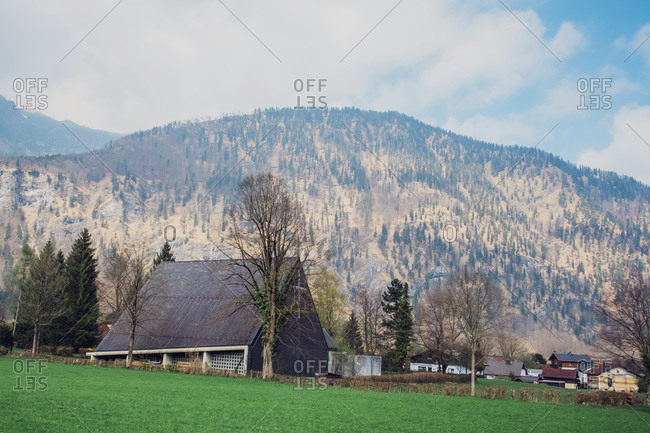 Small cozy traditional cottages located on grassy slope of hill near massive mountains with fir trees in Hallstatt