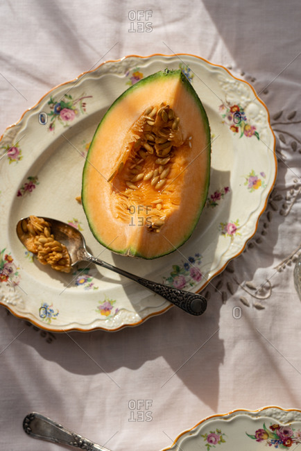 From above of slice of sweet melon served in plate on table in countryside on sunny day