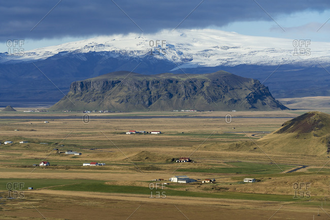 Farmhouses with mountains in background, south iceland
