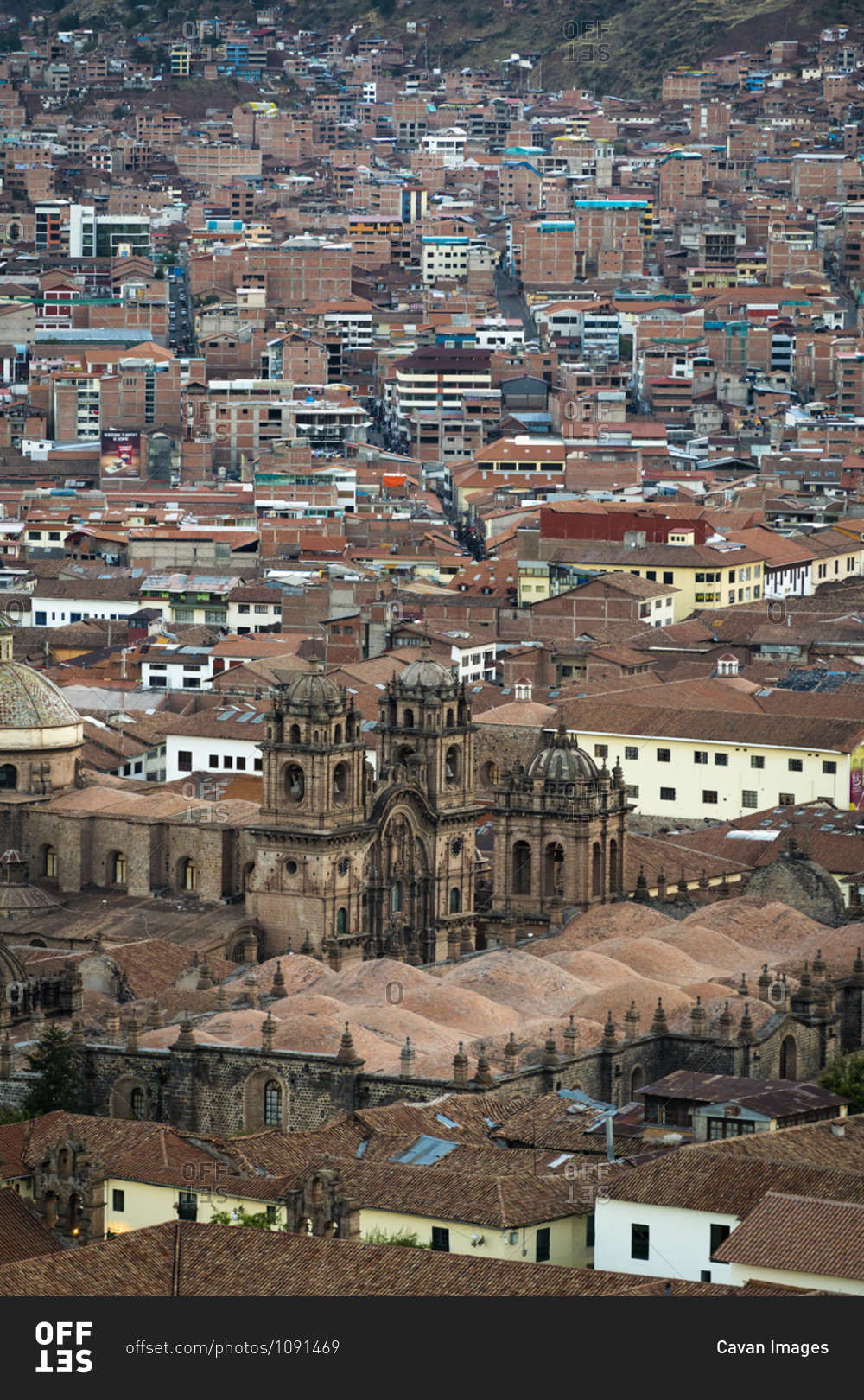 Aerial view of church of the society of jesus and cusco cathedral, cusco, peru