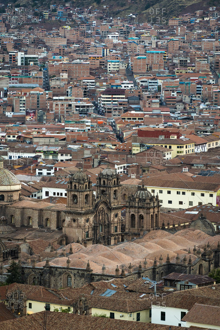 Aerial view of church of the society of jesus and cusco cathedral