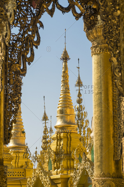 Detail shot of gilded pagodas at shwedagon pagoda complex, yangon, myanmar