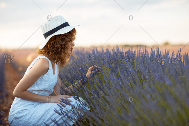 Woman with curly hair wearing a hat in a lavender field