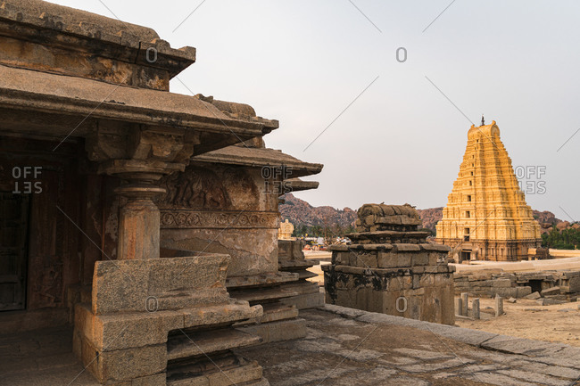 Impressive tower and architecture of the ancient Virupaksha Temple Complex in the Hampi region, Karnataka, India