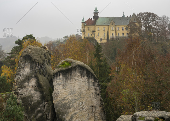 Hruba skala castle against cloudy sky, hruba skala, bohemian paradise, Czech republic