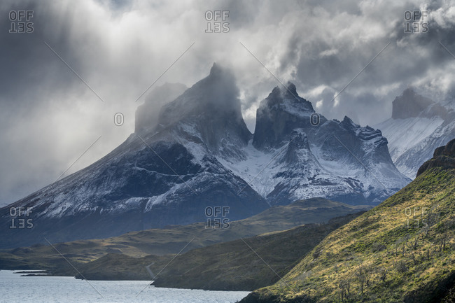 Los cuernos mountains in dramatic weather, Torres del paine national park, magallanes region, chile