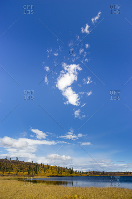Idyllic view of lake against blue sky, glennallen, alaska, usa