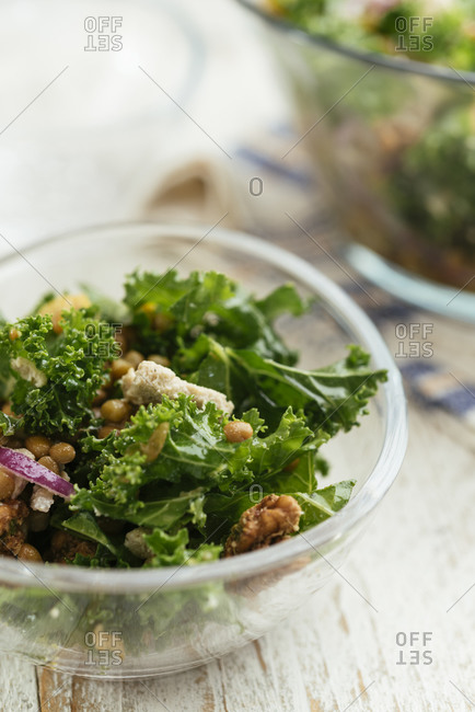 Mediterranean kale and lentil salad with olives and vegan feta