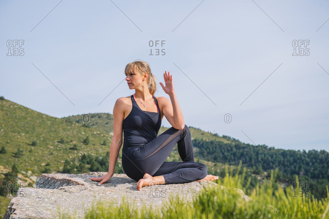 Yoga poses woman mountain healthy