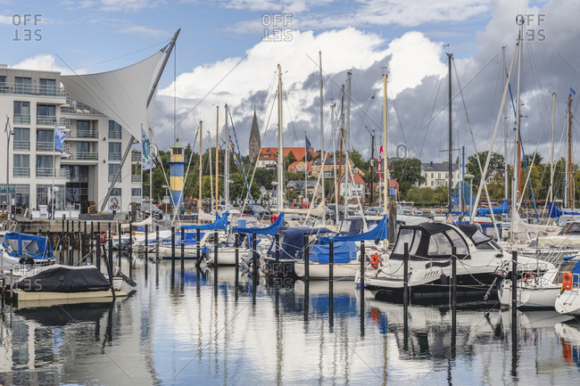 September 6, 2020: Germany- Schleswig-Holstein- Eckernforde- Various boats moored in town harbor