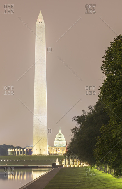 June 9, 2018:  - June 9, 2018: USA- Washington DC- Lincoln Memorial Reflecting Pool and Washington Monument at dusk