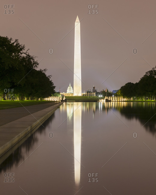 June 8, 2018:  - June 8, 2018: USA- Washington DC- Washington Monument reflecting in Lincoln Memorial Reflecting Pool at night