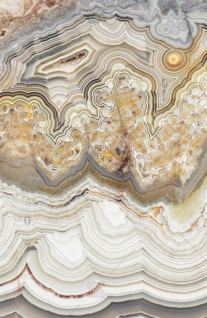 Macro photograph of the patterns in a laguna lace agate from Mexico
