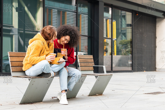 Content multiracial female millennials chatting on social media together on smartphone while sitting with takeaway juice in plastic cups on bench on street