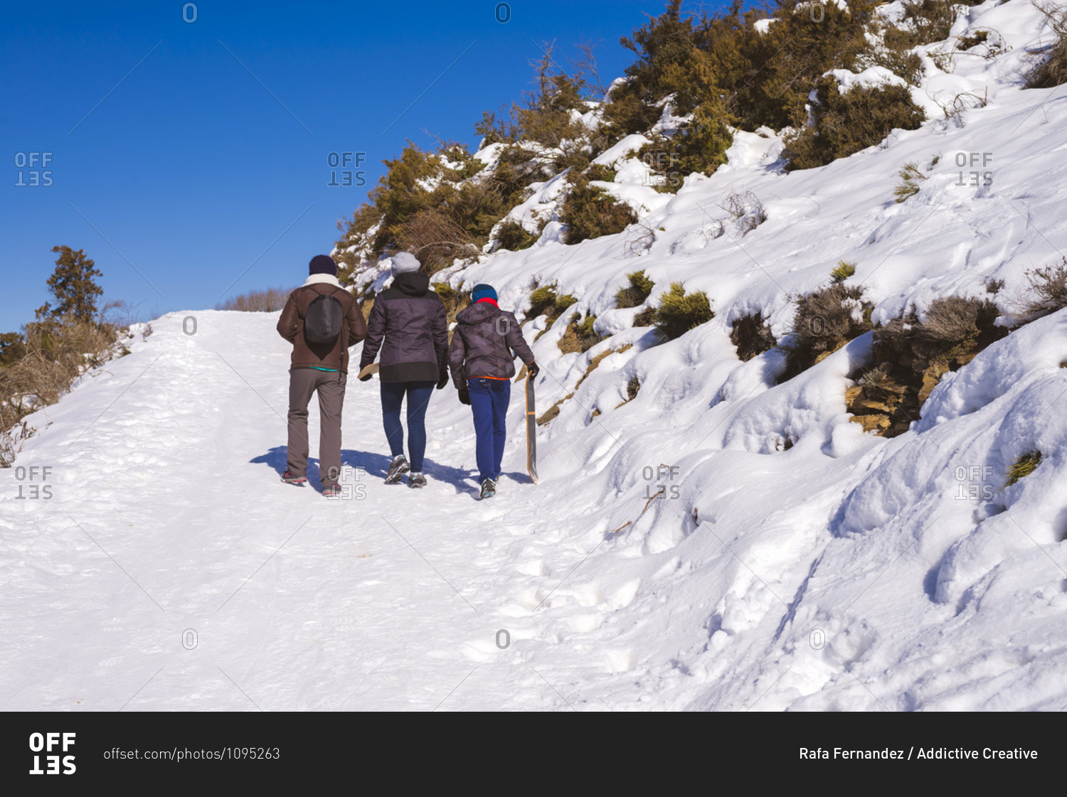 Back view of group of travelers in warm clothes climbing up snowy slope of Matagalls mountain of Montseny Massif in sunny winter day in Spain