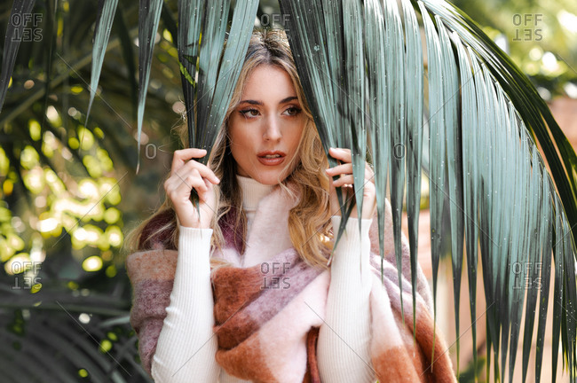 Charming gentle female wrapped in warm plaid stranding near palm tree and touching leaves while looking away