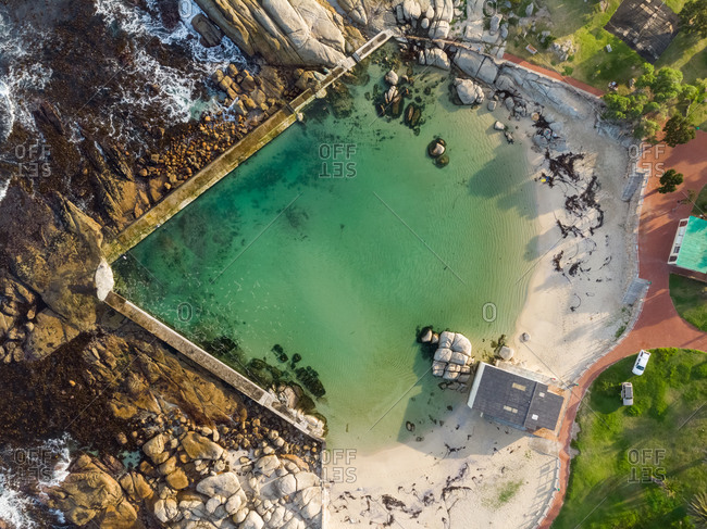Aerial view of Camps Bay tidal pool, Cape Town, South Africa.