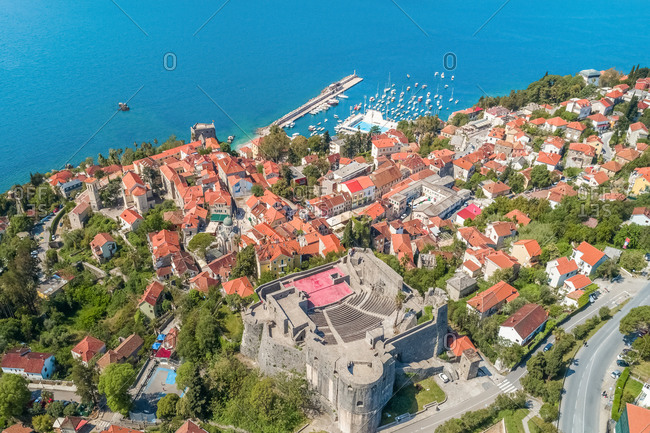 Aerial view of Herceg Novi, fort Kanli kula, Montenegro