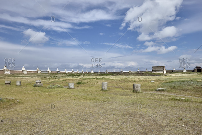 A view of the outer wall with the stupas of the Erdene Zuu Monastery, close to ancient city of Kharkhorin in Mongolia