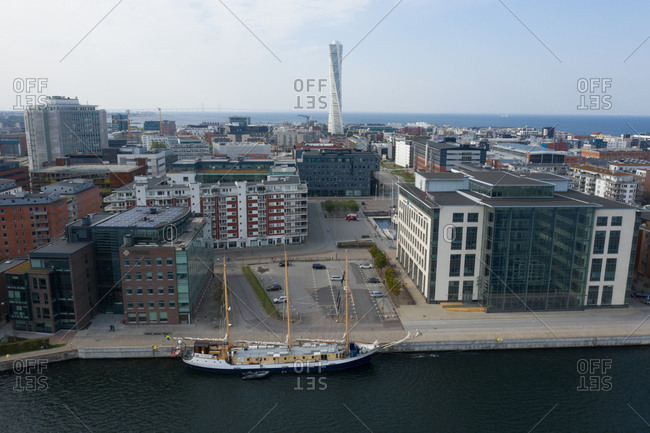 Malmo, Sweden - September 27, 2020: Bird's eye view of the city of Malmo with view of the Turning Torso
